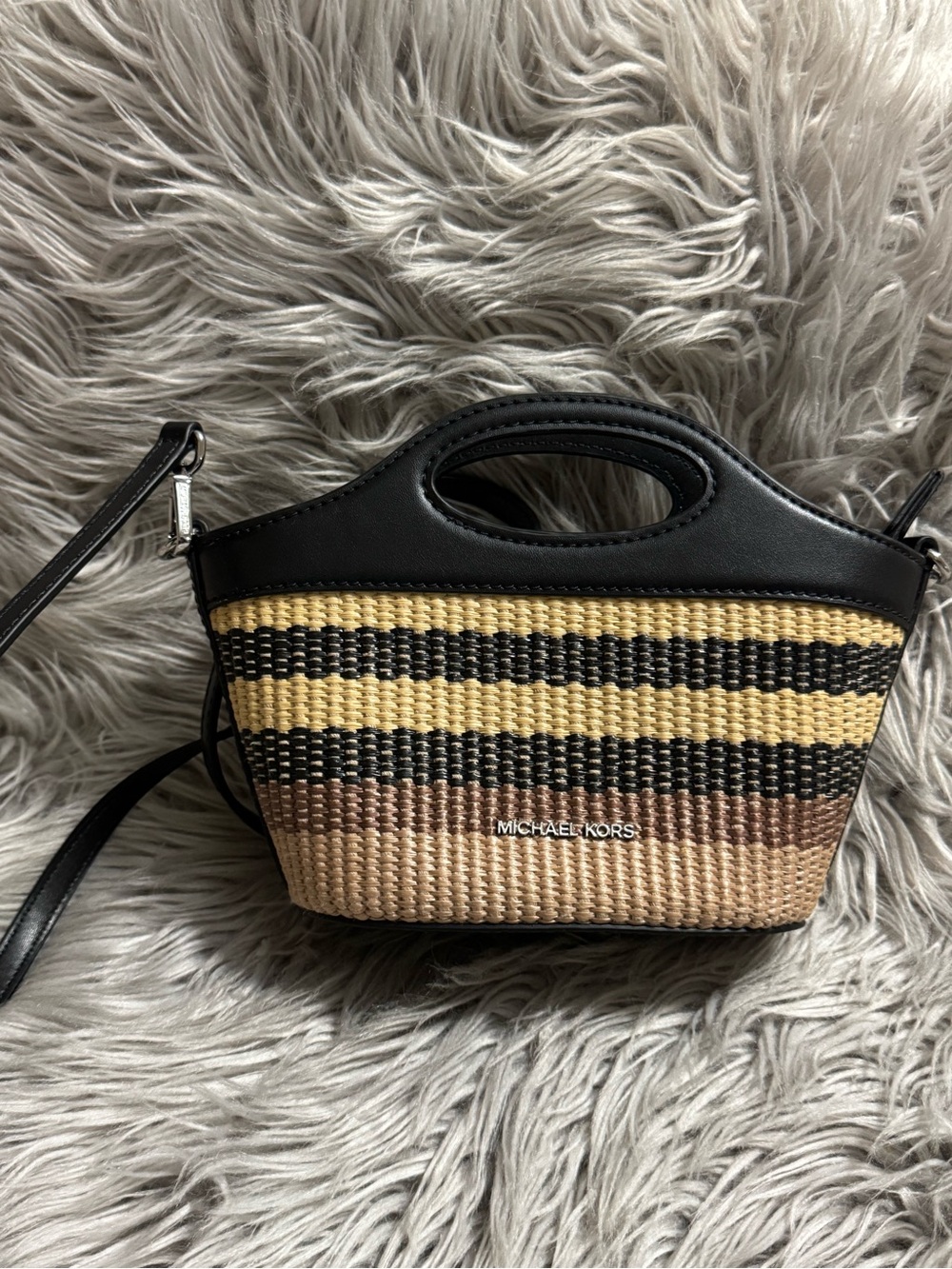 Michael Kors Straw Mini Crossbody in Black, Yellow, Tan